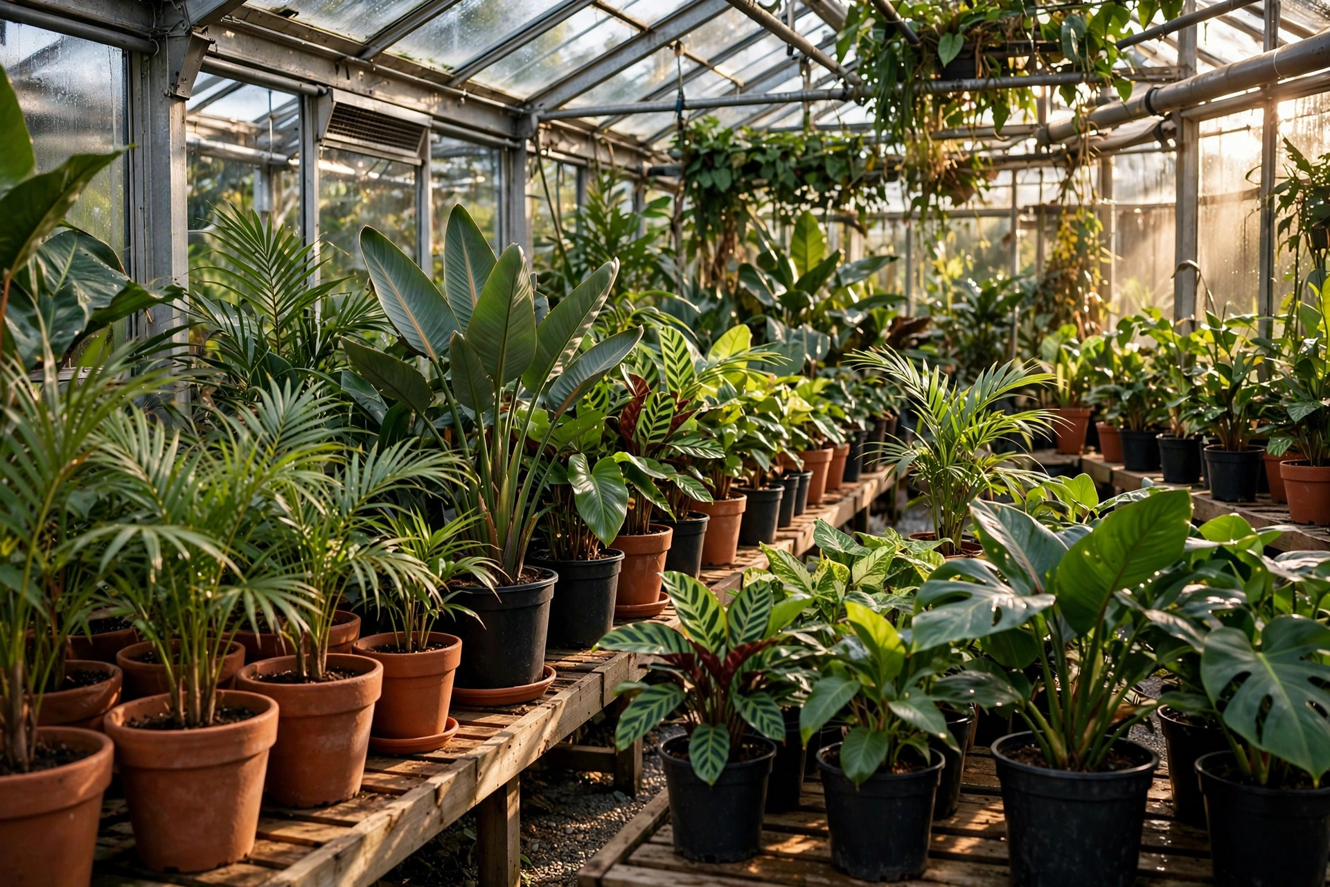 Rows of tropical plants in a sunny nursery