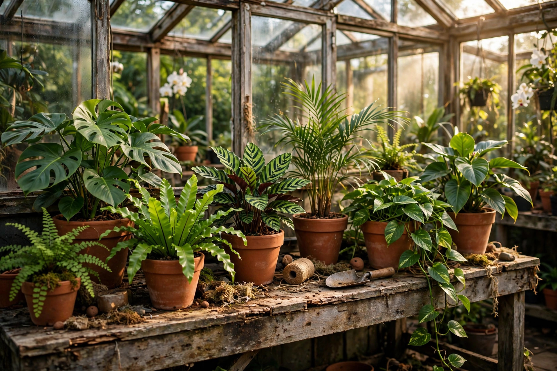 Terracotta pots of tropical plants on a potting bench