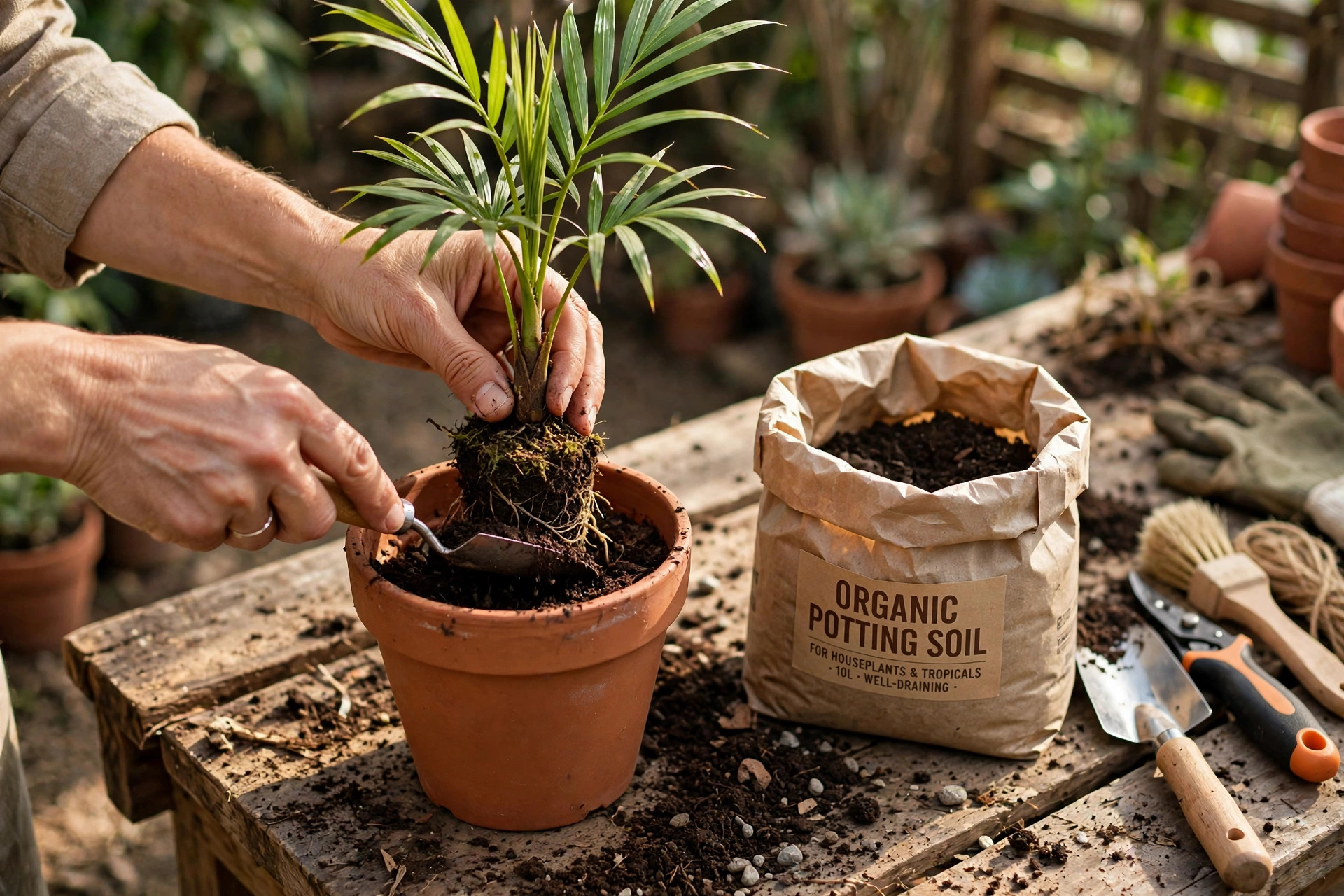 Hands repotting a tropical plant on a potting bench